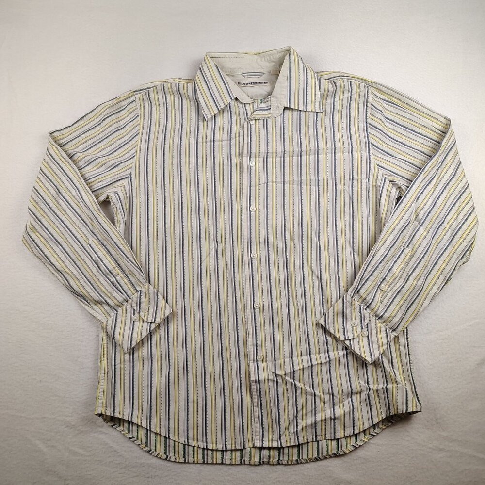 Express Precision Fit Button Down Shirt 100% Cotton Yellow Blue Striped Preppy